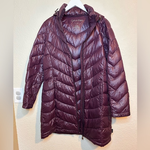 Calvin Klein Packable Lightweight Down Purple Puffer Long Hooded Jacket Winter - Picture 5 of 14